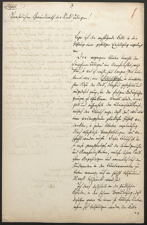 © Universitätsarchiv Tübingen Schreiben von Universitätsrektor Professor Carl Vierordt an den Gemeinderat der Stadt Tübingen vom 9. Juni 1864