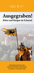 Ausstellungsplakat mit dem Logo der Universität Tübingen, dem Titel "Ausgegraben! Ritter und Burgen im Echaztal" und darunter dem Foto eines Ritters zu Pferde mit dem Wappen derer zu Stahleck in Form eines schwarzen Greifen auf gelbem Grund als Wappenrock und Fahne; darunter stehen auf gelbem Grund die Daten der Ausstellung: "Sonderausstellung, MUT | Museum Alte Kulturen | Schloss Hohentübingen, Burgsteige 11 | 72070 Tübingen, 25. Juli bis 2. November 2025, unimuseum.de"; ganz unten eine Reihe Sponsorenlogos 