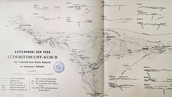 Map sketch of the Lüderitzbucht-Kubub pads via Tschaukaib or Ukama, Kaukausib by Captain Schulze, 1906