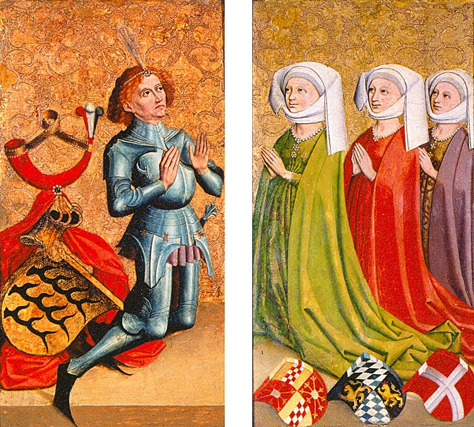 Zweiteiliges mittelalterliches Gemälde. Links kniet ein Ritter in blauer Rüstung mit erhobenen Händen, hinter ihm ein Schild mit gelbem Hintergrund und schwarzen Wellenlinien sowie ein Helm mit roten, weißen und blauen Federn. Rechts knien drei Frauen in langen Gewändern und weißen Hauben, die Hände zum Gebet gefaltet. Vor ihnen liegen drei Wappenschilde in verschiedenen Mustern und Farben.