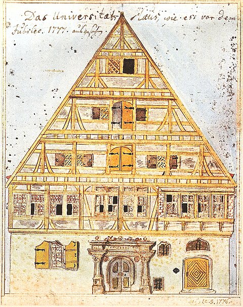 Aquarellzeichnung der Fassade der Alten Aula mit hellbraun gemaltem Fachwerk