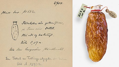 Zweigeteiltes Bild, links eine graubraune Karteikarte mit handschriftlicher Inventarnotiz "Mise. Inv. 10562, Fläschchen mit gelbem Glase in Form einer Dattel. Mündung unbeschädigt. Höhe 0,07m. aus S[am?] Smyrna[er?]  [?]". Rechts Foto einer gelben Glasflasche in Form einer getrockneten Dattel mit Inventaretiketten um den Hals.
