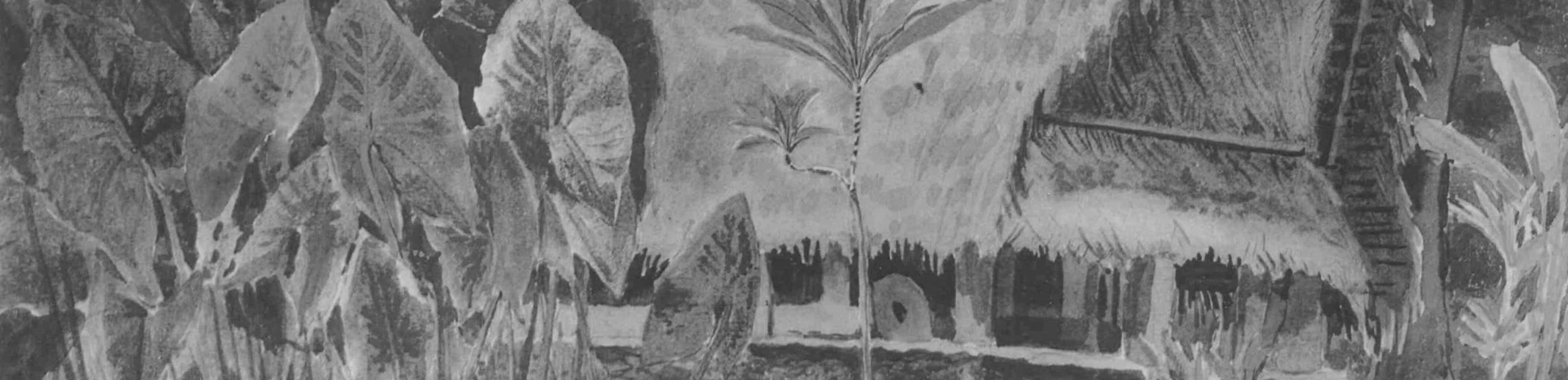 Ausschnitt eines Schwarz-Weiß-Render eines Aquarells von Elisabeth Krämer-Bannow mit einem indigenen Familienhaus und dem tropischem Bewuchs darum herum