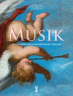 Buchcover von "Musik in den Sammlungen der Universität Tübingen" mit einem nach rechts gewandten, umgedrehten Putto mit Fanfarne als Hintergrundbild