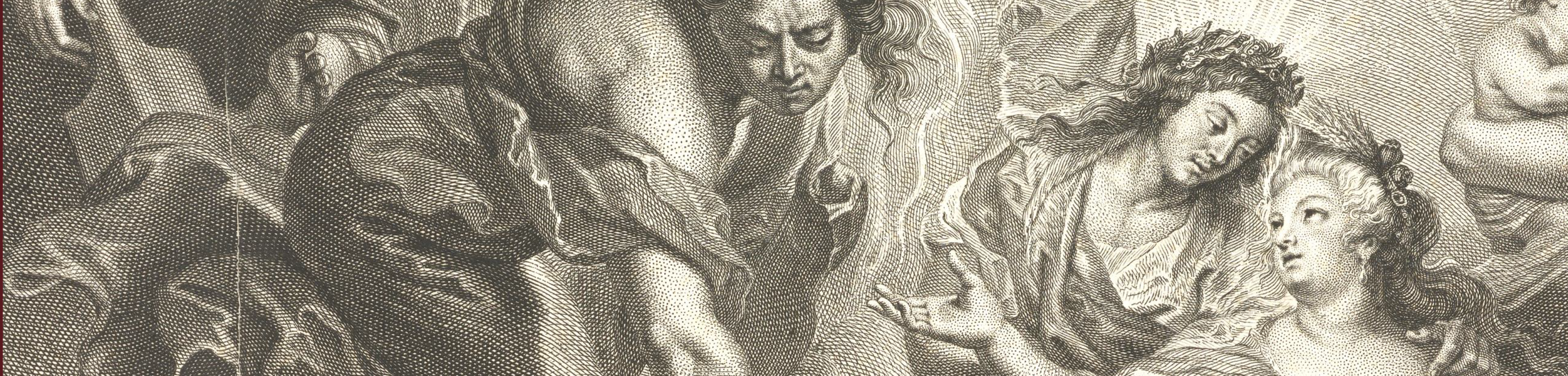 Ausschnitt aus einem Stich mit dem Motiv des Medici-Zyklus-Gemäldes "La Paix confirmée dans le Ciel" mit Maria de' Medici, nach links gewandt und mit ausgestreckter, nach oben gewandter Hand