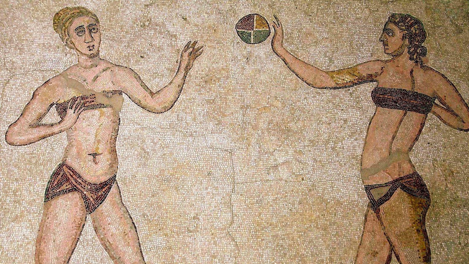 Mosaics of 3rd century bikini girls in the Villa Romana in Piazza Armerina in Sicily