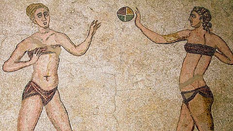 Mosaics of 3rd century bikini girls in the Villa Romana in Piazza Armerina in Sicily