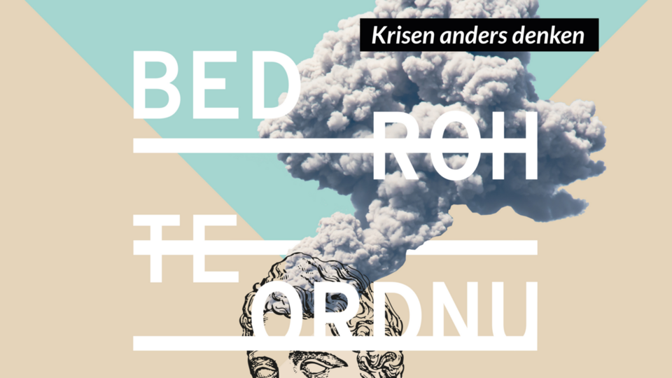 The lettering "Bedrohte Ordnungen" (threatened orders) against a smoke cloud rising from a sketched head