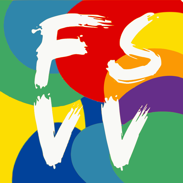 Buntes Logo mit überlappenden Farbflächen in Gelb, Grün, Blau, Rot, Orange und Lila. Darauf stehen in großer, weißer, pinselartiger Schrift die Buchstaben ‚FSVV‘.