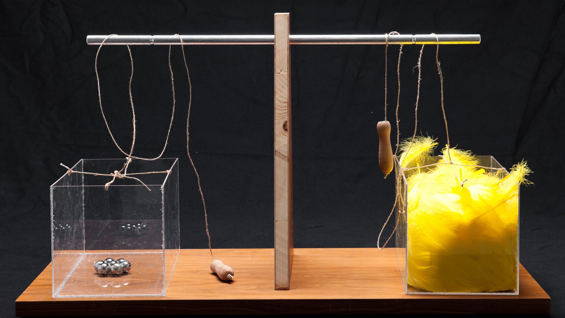 Intelligence test using weight distribution of feathers and steel balls, 2009