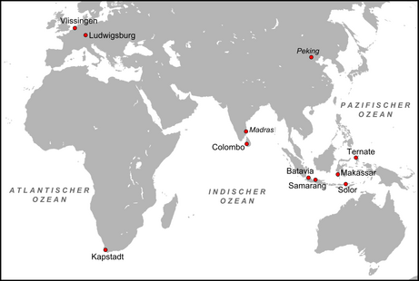 Weltkarte mit Hervorhebung der Kontinente Europa, Afrika, Asien und Australien. Afrika und Australien sind farblich markiert, Afrika in hellorange, Australien in dunkelrot. Die Karte zeigt auch die angrenzenden Meere und Ozeane, darunter den Atlantischen Ozean, Indischen Ozean und Pazifischen Ozean. Die Karte ist beschriftet mit den Namen der Kontinente und der Ozeane.