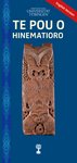 Wooden image of the Maori ancestress Hinematioro with the title "Te Pou o Hinematioro" in a white font, an interwoven traditional Maori pattern to the left and a red mark on the upper right corner "English version", all against blue background.