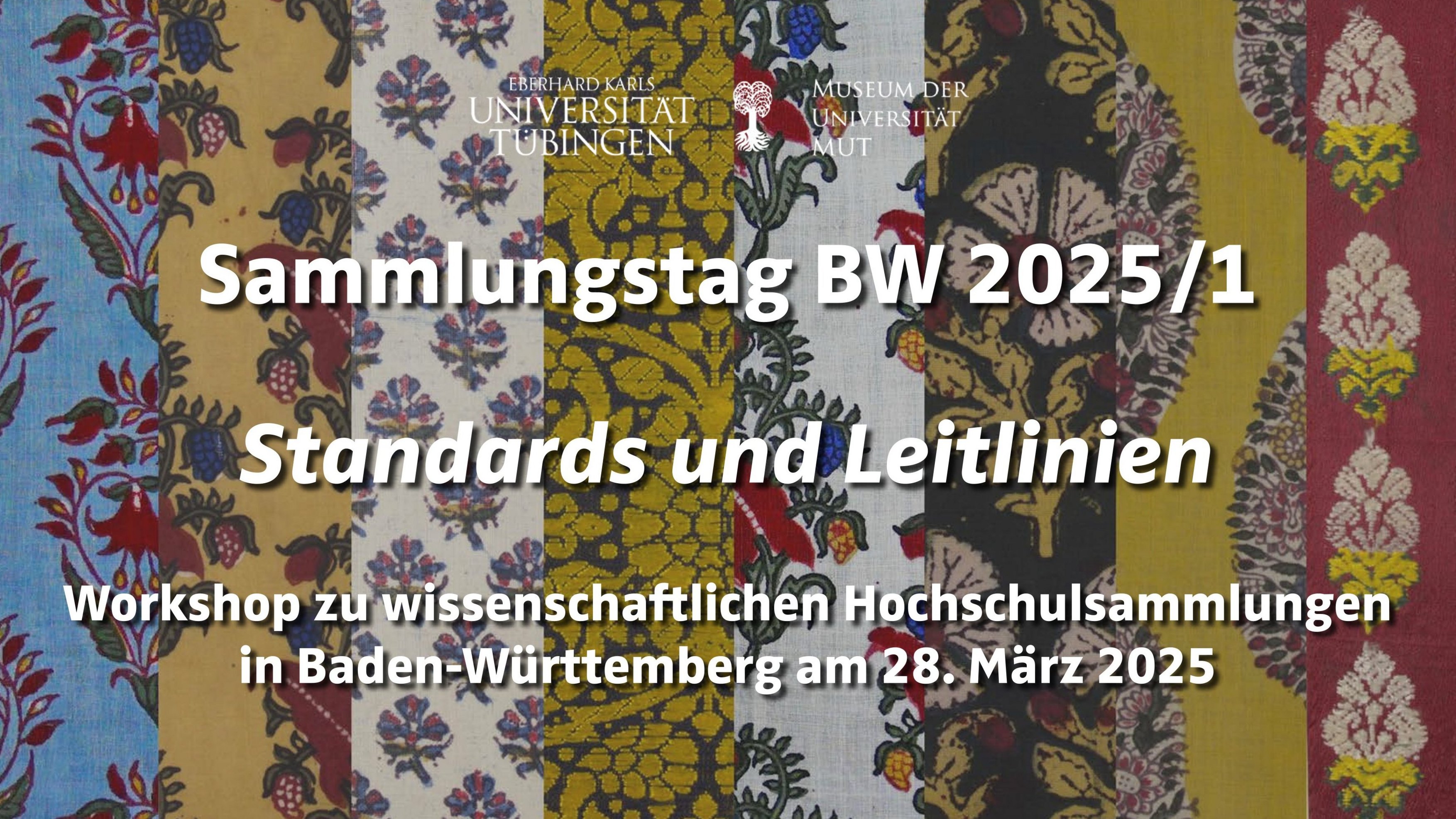 Plakat des Sammlungstags BW 2025/1 mit dem Text "Sammlungstag BW 2025/1, Standards und Leitlinien, Workshop zu wissenschaftlichen Hochschulsammlungen in Baden-Württemberg am 28. März 2025"