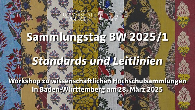 Plakat des Sammlungstags BW 2025/1 mit dem Text "Sammlungstag BW 2025/1, Standards und Leitlinien, Workshop zu wissenschaftlichen Hochschulsammlungen in Baden-Württemberg am 28. März 2025"