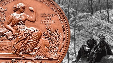 On the left a copper coin with a seated, anciently clothed female figure, on the right a section of a black-and-white picture of two men seated on a bench