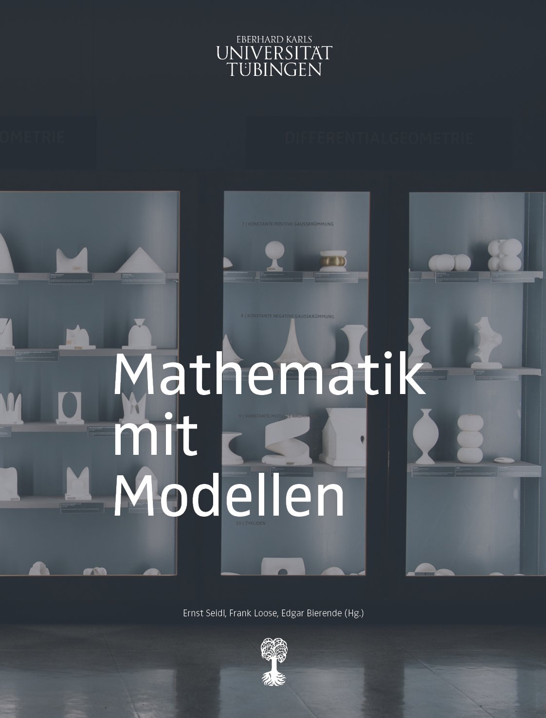 Cover "Mathematik mit Modellen" against an illuminated showcase with colourless mathematical models