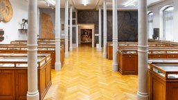 Blick in die Paläontologische Schausammlung – Stratigraphischer Saal mit Sammlungsschränken 