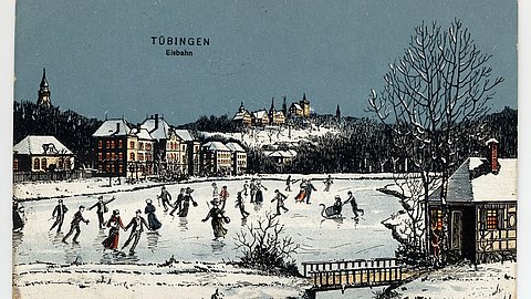 © Stadtarchiv Tübingen, Postkartensammlung Hartmaier Eisbahn, winterlicher Anlagensee. Poststempel von 1917