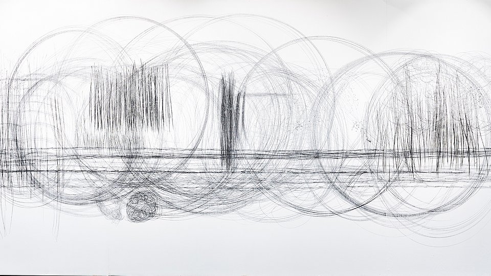 Abstract graphite drawing with outer circular and inner straight lines