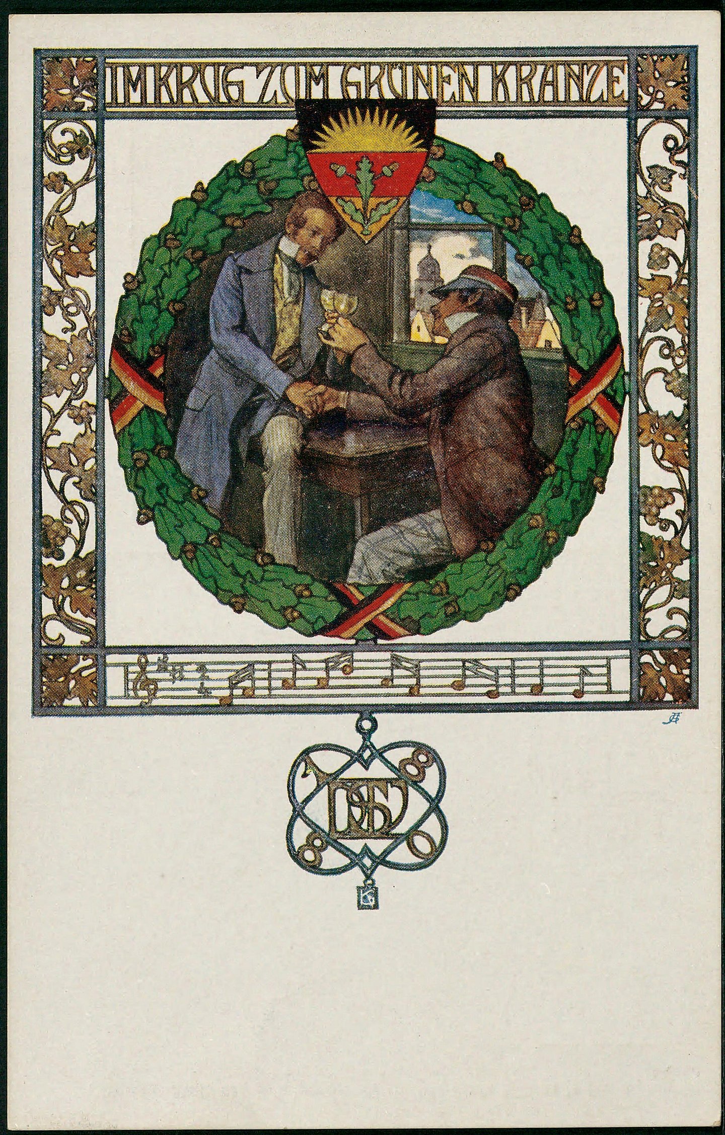 Digitalisat: Universitätsarchiv Tübingen Postkarte des Deutschen Schulvereins, Schriftzug "Im Krug zum Grünen Kranze" mit Illustration zweier Männer, die das Glas erheben