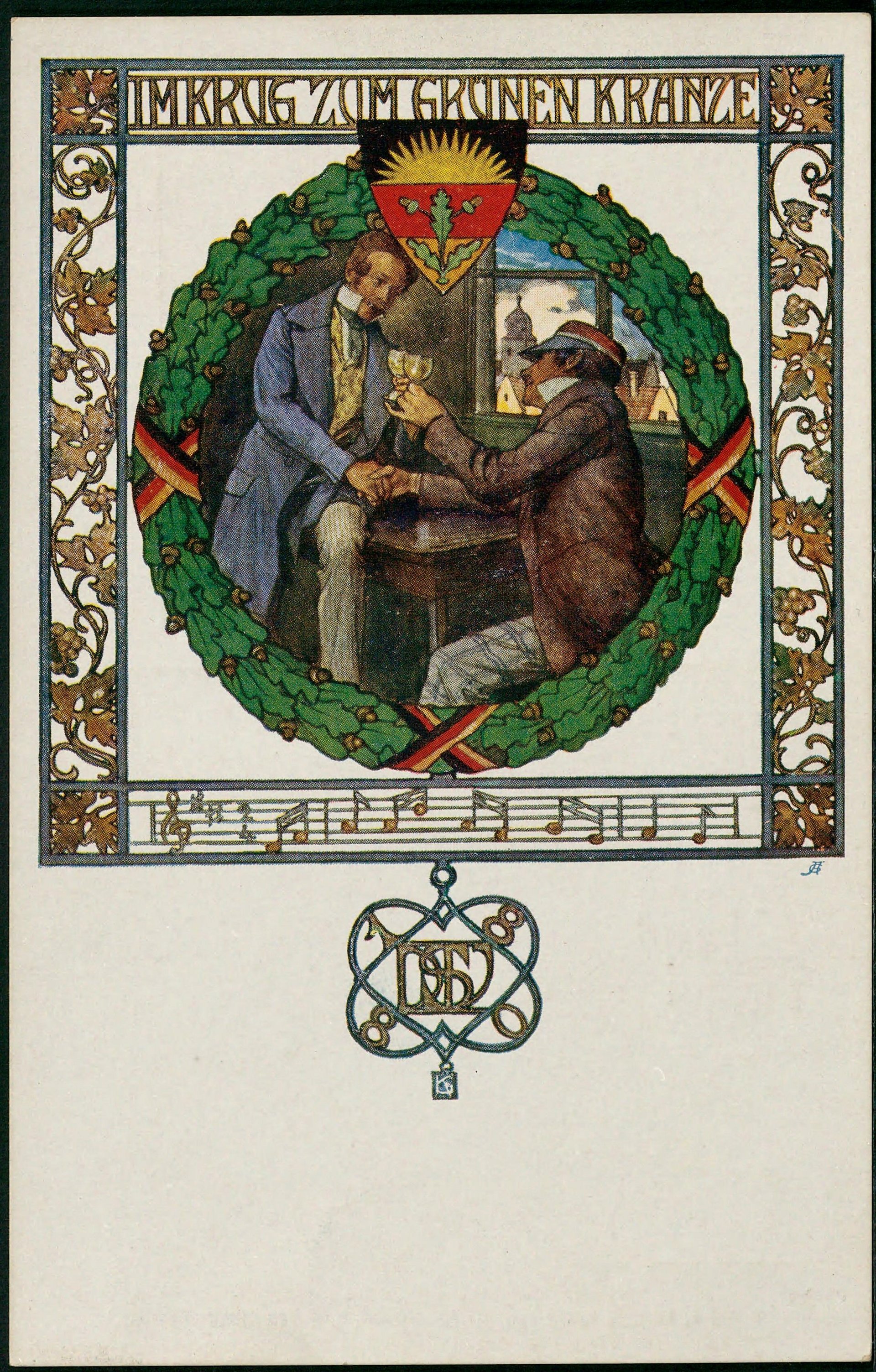 Postkarte des Deutschen Schulvereins, Schriftzug "Im Krug zum Grünen Kranze" mit Illustration zweier Männer, die das Glas erheben