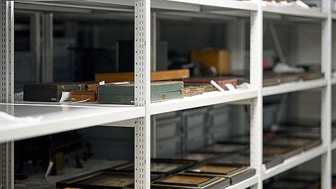 © MUT | Fabian Kurze Zu sehen sind Objekte in Regalen im Sammlungszentrum der Universität Zürich
