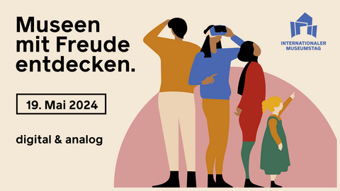 Das Werbebild des Internationalen Museumstags. Zu sehen sind vier verschiedene gezeichnete Menschen, verschiedener Größe und Geschlecht.