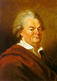 Porträt eines älteren Mannes mit grauen, gelockten Haaren, der einen schwarzen Dreispitz mit weißem Federbesatz trägt. Er blickt nach rechts und hält einen goldverzierten Spazierstock. Er trägt eine schwarze Uniform mit roten Details und goldenen Knöpfen. Der Hintergrund ist grün.