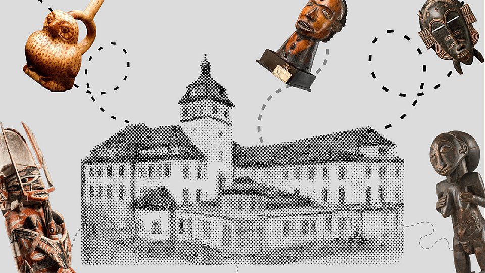 Rasterartig stilisierte Schwarz-weiss-Ansicht des Lindenmuseums in Stuttgart mit darum herum 'fliegenden' kolonialzeitlichen Exponaten