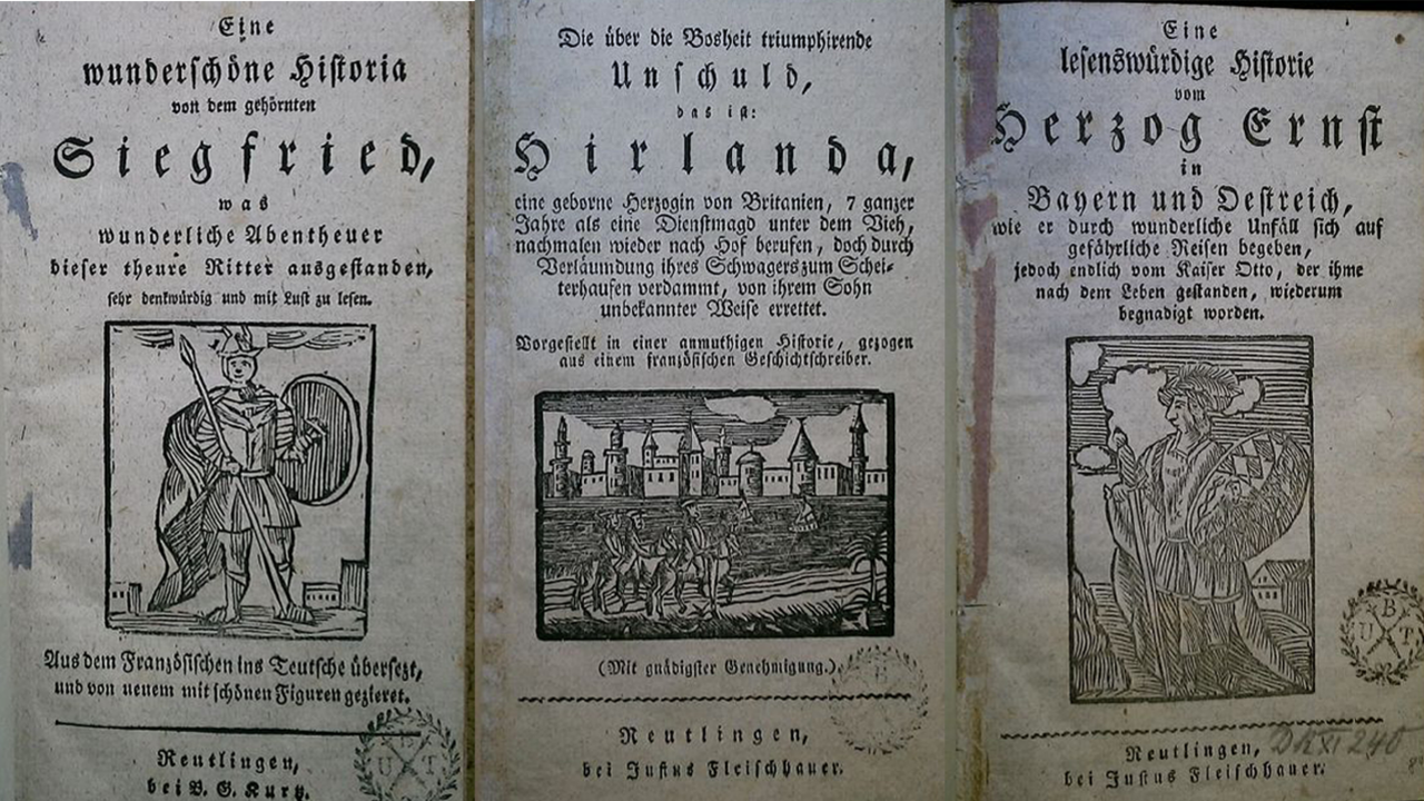 © Universitätsbibliothek Tübingen Zu sehen sind drei verschiedene Seiten der Reutlinger Volksbücher nebeneinander.