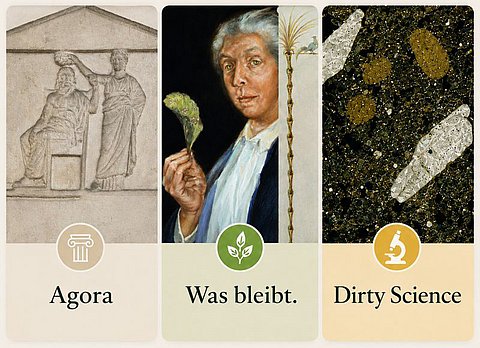 Drei senkrecht nebeneinander stehende Panele: graubraun gerahmt ein Relieffoto mit Frauenfigur, die eine sitzende Männerfigur bekränzt, mit Säulensymbol und der Unterschrift "Agora", grün gerahmt das Gemälde einer Professorin mit Tabakblatt in der erhobenen Hand, einem Pflanzensymbol und der Unterschrift "Was bleibt." und gelb gerahmt das Foto einer Sedimentnahaufnahme mit Mikroskop-Symbol und der Unterschrift "Dirty Science".