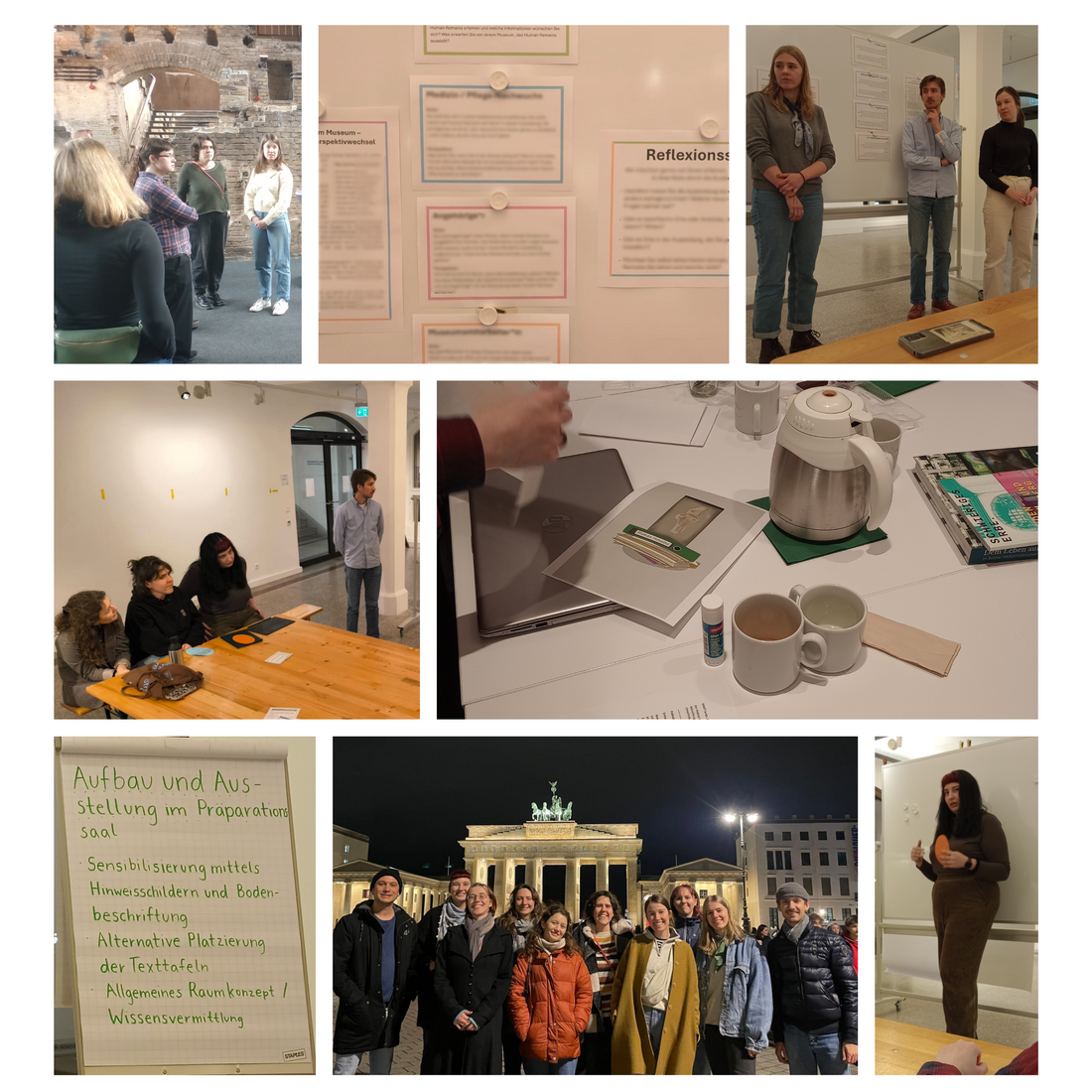 Collage of eight photos of presenting or listening students, working table with notes and coffee mugs, and a group picture in front of the Brandenburg Gate