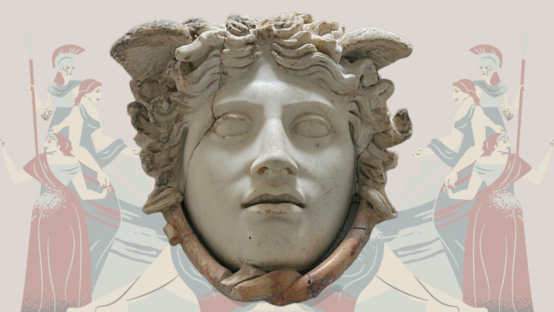 Foto: MUT; Hintergrund: Jamela Imperial Im Vordergrund ein architektonisches Element mit dem Gesicht einer steinernen Medusa, gekennzeichnet durch Schlangenköpfe am Scheitel und Flügel an den Schläfen; im Hintergrund eine zeichnerische Darstellung von griechischen Göttinnen, verdeckt vom Medusenhaupt wird Paris