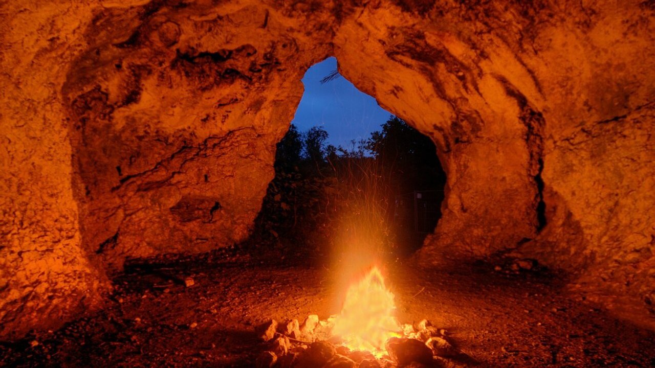 Lagerfeuer in einer Höhle, hinter dem der Eingang einen Ausschnitt des nächtlichen Bewuchs zeigt