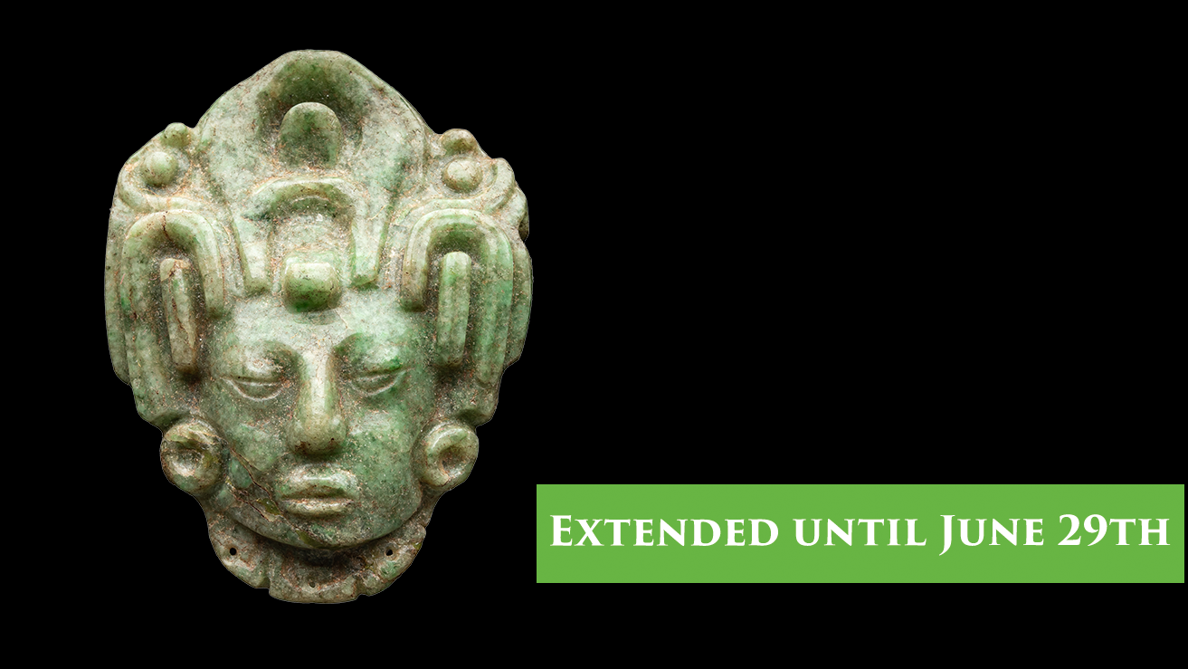Photo: MUT | Valentin Marquardt Central green jade head of a maize god against black background, green rectangle with white lettering "extended until June 29th"