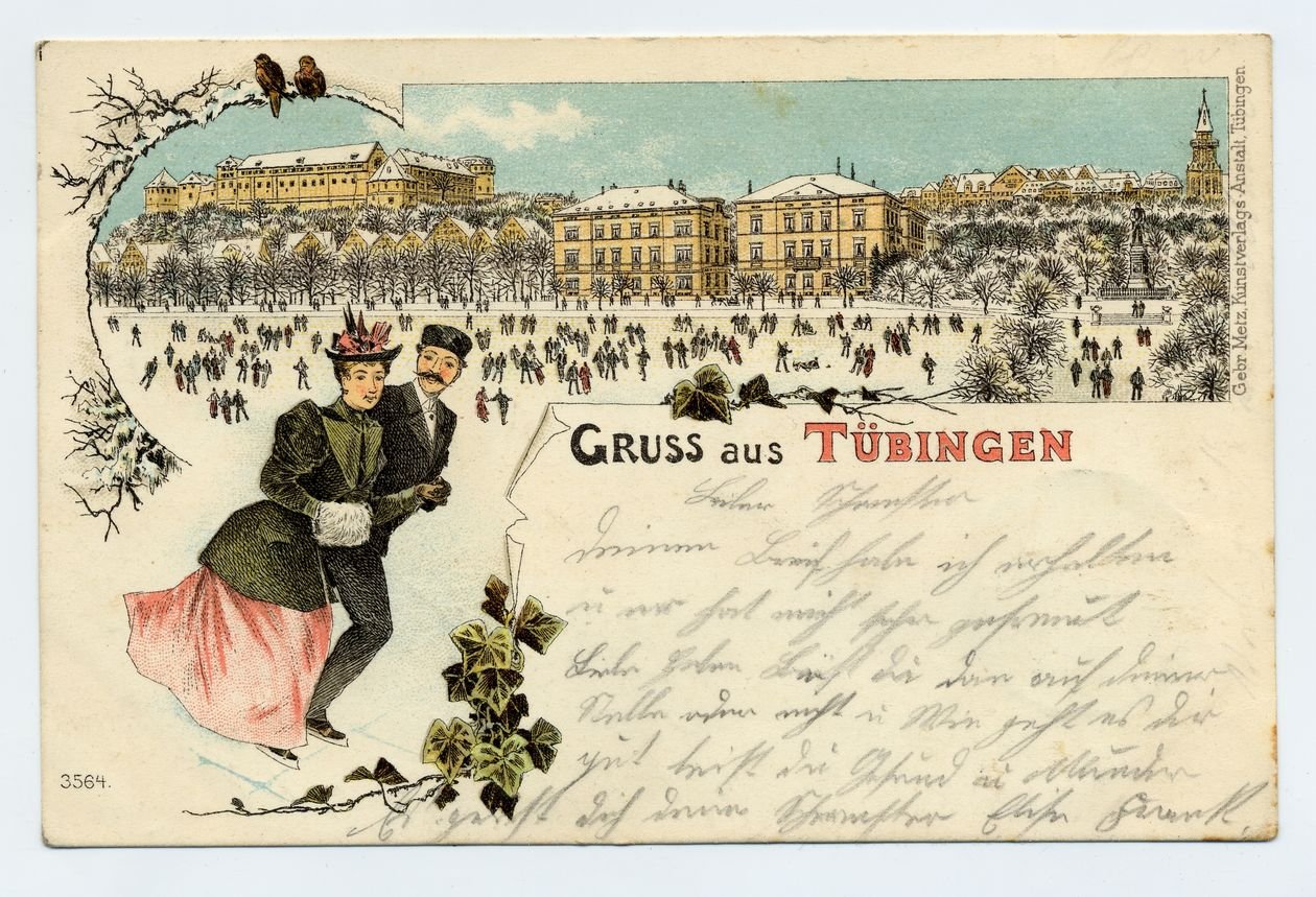 Postkarte: Gruß aus Tübingen. Winterstimmung mit gefrorenem Anlagensee