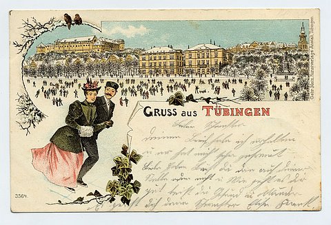 © Stadtarchiv Tübingen, Postkartensammlung Hartmaier Postkarte: Gruß aus Tübingen. Winterstimmung mit gefrorenem Anlagensee