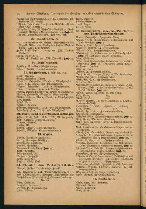 Gelblich verfärbte Seite eines historischen Adressbuches mit Einträgen in Druckschrift