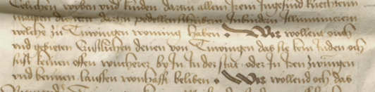 Ausschnitt eines historischen handschriftlichen Dokuments in deutscher Kurrentschrift. Der Text ist in brauner Tinte auf leicht vergilbtem Papier geschrieben und zeigt mehrere deutlich geschwungene Buchstabenformen. Einzelne Wörter und Buchstaben sind schwer zu entziffern, was auf das Alter der Schrift und die historische Schreibweise hinweist.