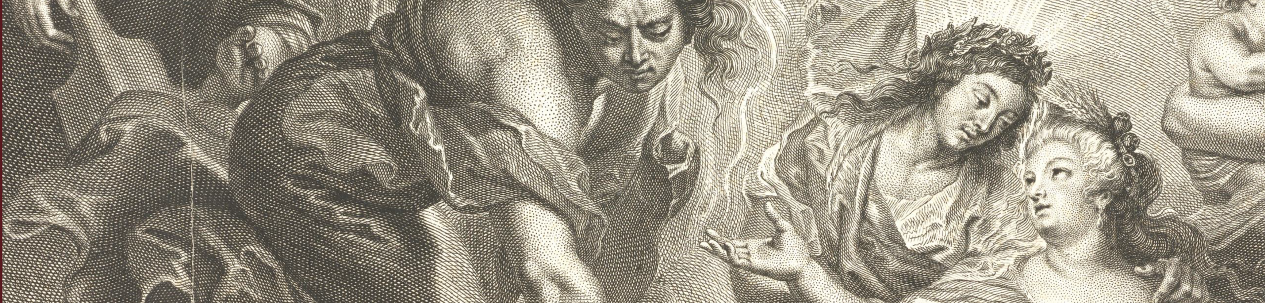 Ausschnitt aus einem Stich mit dem Motiv des Medici-Zyklus-Gemäldes "La Paix confirmée dans le Ciel" mit Maria de' Medici, nach links gewandt und mit ausgestreckter, nach oben gewandter Hand