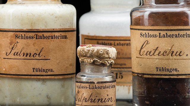 Foto: MUT | Valentin Marquardt Ausschnitt eines Fotos mehrerer historischer Ingredienzfläschchen mit vergilbten Etiketten; Aufschrift jeweils "Schloss-Laboratorium" und "Tübingen" sowie auf einer Flasche mit weißer, fleckiger Masse "Palmöl", Fläschchen mit bräunlichen Pulver "Catechu" und kleinem Fläschchen unidentifizierbaren Inhalts "Delphinin"
