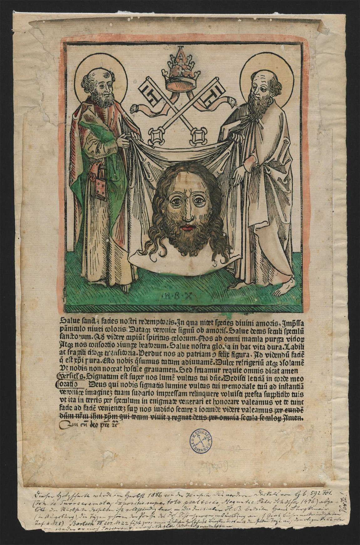 Einblattdruck zeigt den Hymnus auf die heilige Veronika mit dem Schweißtuch Jesu