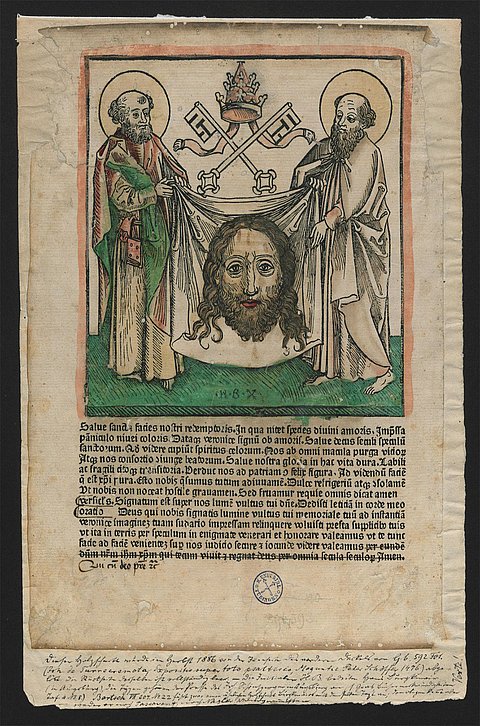 © Universitätsbibliothek Tübingen Einblattdruck zeigt den Hymnus auf die heilige Veronika mit dem Schweißtuch Jesu