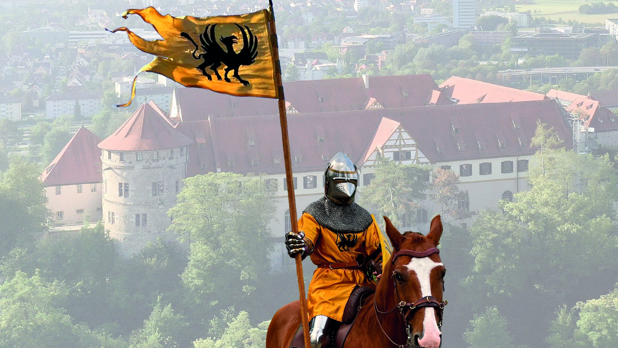 Ausstellungsplakat mit dem Logo der Universität Tübingen, dem Titel "Ausgegraben! Ritter und Burgen im Echaztal" und darunter dem Foto eines Ritters zu Pferde mit dem Wappen derer zu Stahleck in Form eines schwarzen Greifen auf gelbem Grund als Wappenrock und Fahne; darunter stehen auf gelbem Grund die Daten der Ausstellung: "Sonderausstellung, MUT | Museum Alte Kulturen | Schloss Hohentübingen, Burgsteige 11 | 72070 Tübingen, 25. Juli bis 2. November 2025, unimuseum.de"; ganz unten eine Reihe Sponsorenlogos 