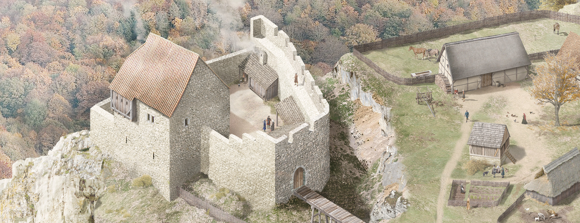 Zeichnerische Rekonstruktion einer kleinen, kompakten Burganlage mit kleinen, wirtschaftlichen Vorbauten und einem Hof mit Pferden auf der Wiese rechts