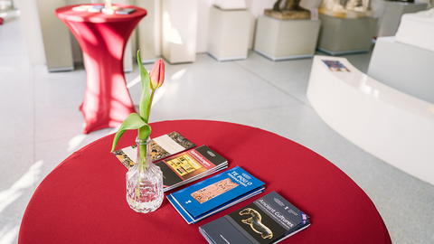Stehtisch mit roter Husse, Blume und Flyern des MUT