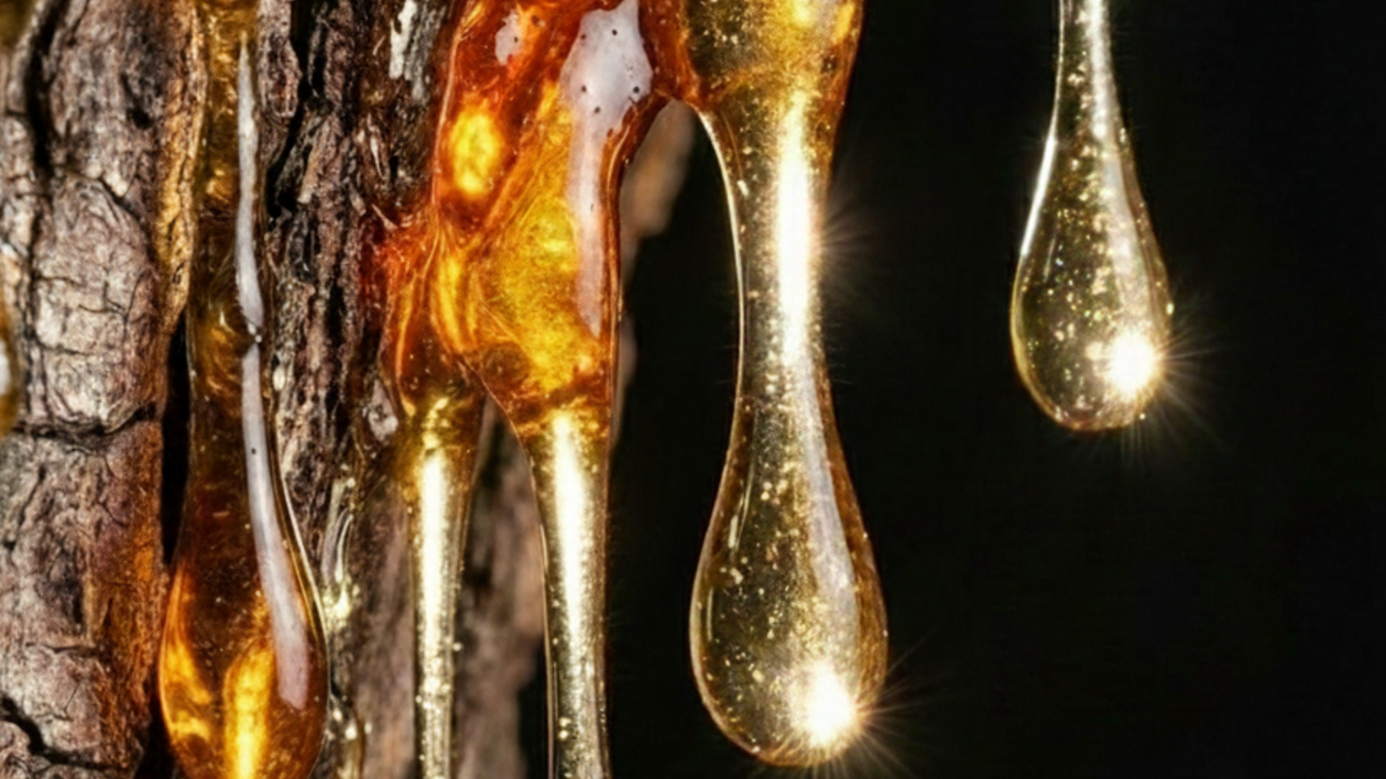 A macro view of tree bark protruding from the left of the image against a black background, secreting golden-orange resin drops.