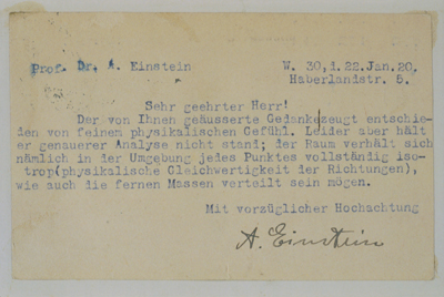 Postkarte mit Antwort von Einstein
