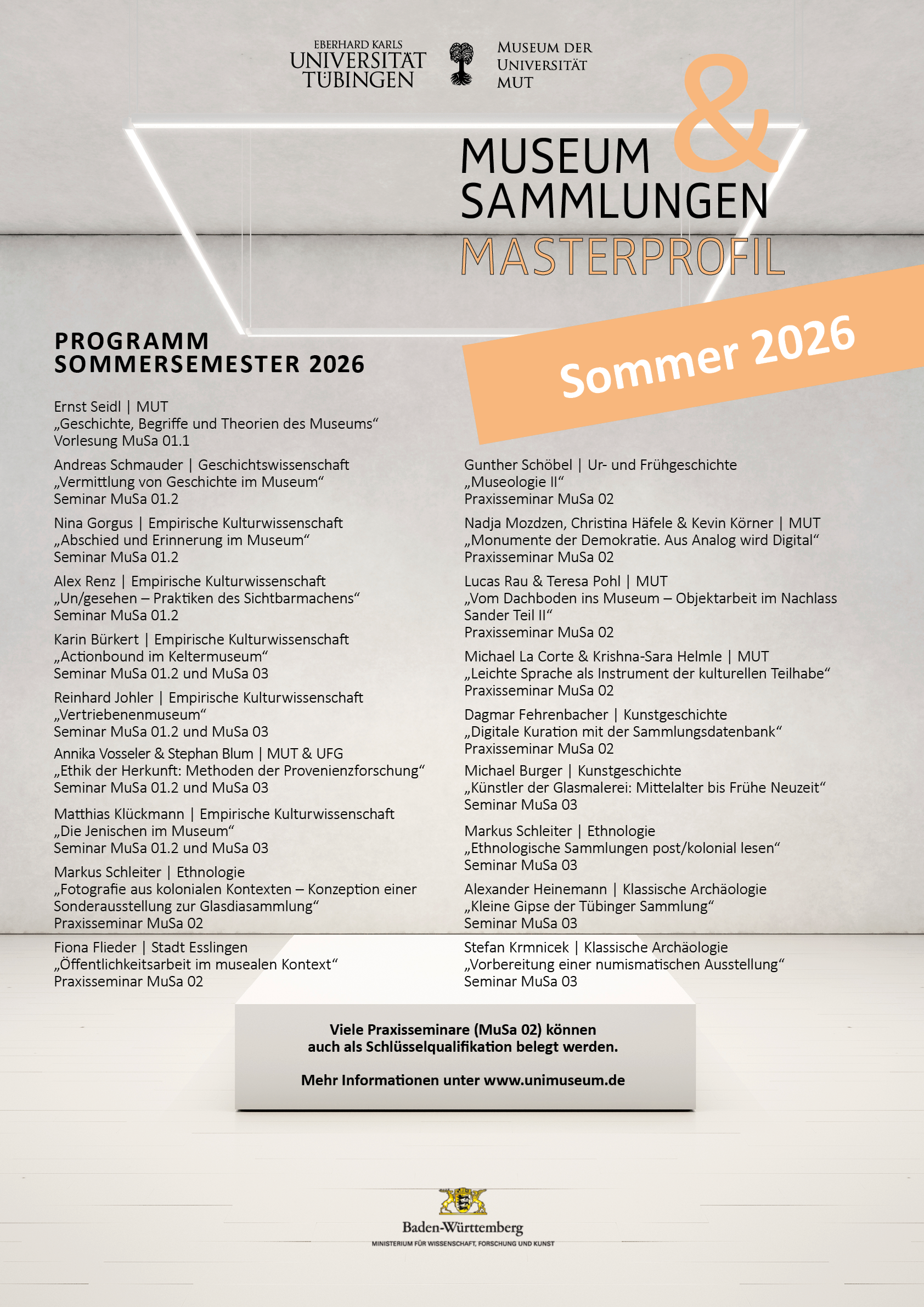 Plakat mit dem Lehrprogramm der Masterprofillinie "Museum&Sammlungen" für das Sommersemester 2026.