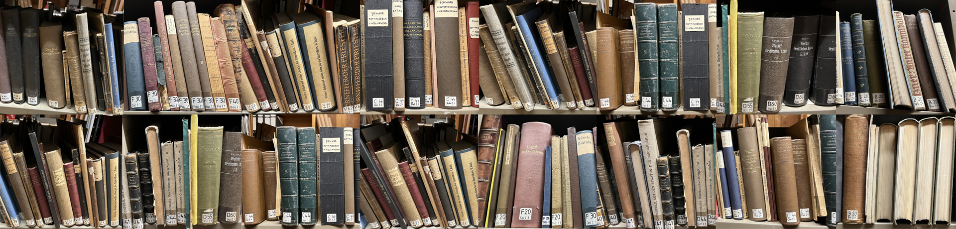 In quadratischen Kacheln angeordnete Fotoausschnitte voller Bücherregale mit alten Bindungen